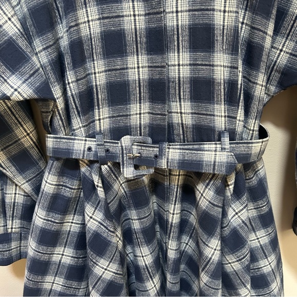 OMO Norma Kamali ~Blue Plaid Cotton Flannel Vintage 80s Belted Shirtdress size 8 - Picture 4 of 16